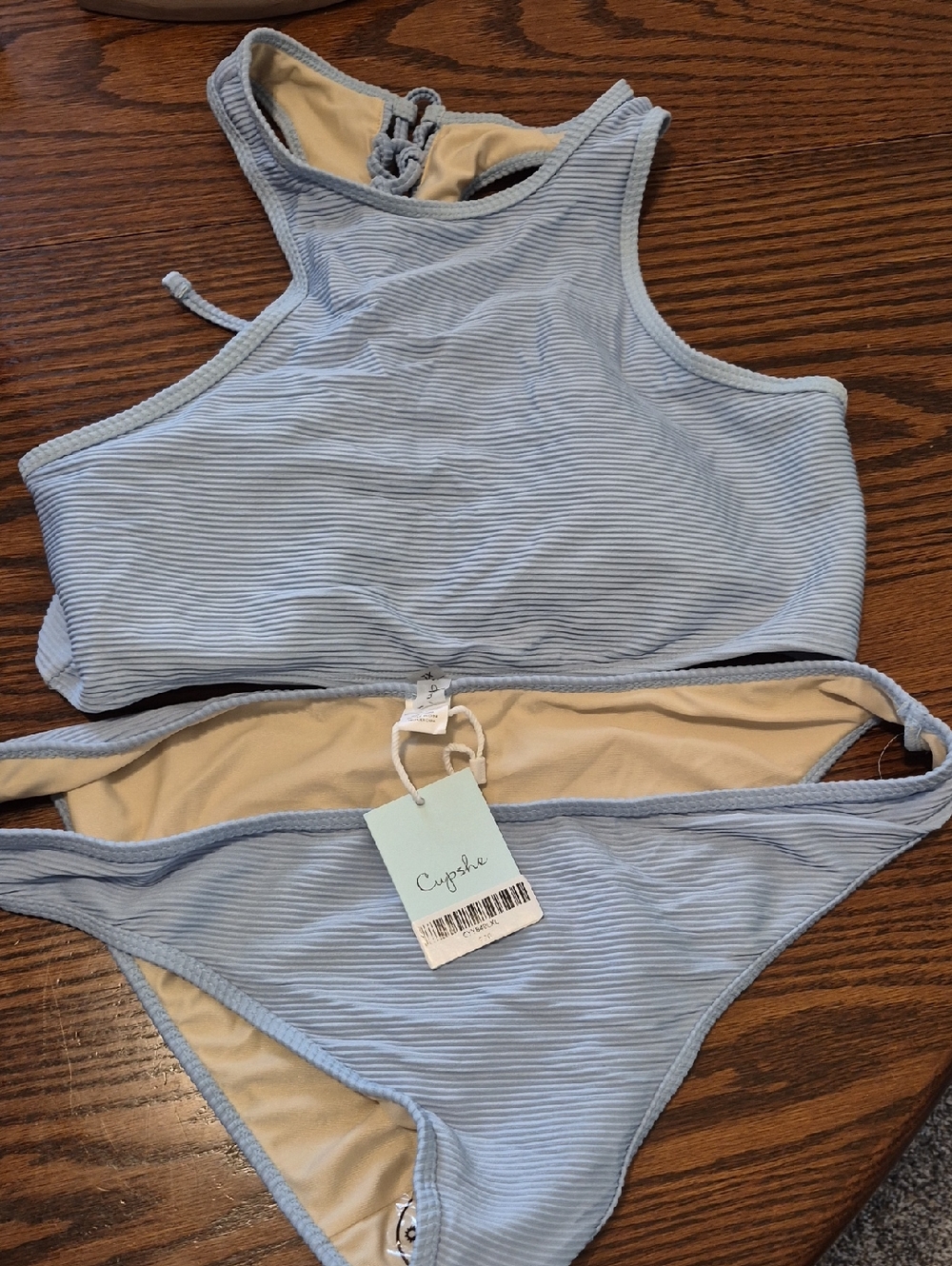 Cupshe Light Blue Ribbed High Neck Bikini Set